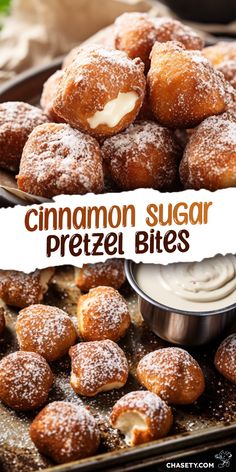 cinnamon sugar pretzel bites on a platter with dipping sauce in the middle