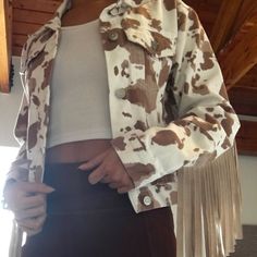 Gorgeous 100% Cotton Cream And Brown Cow Print Jacket With Fringe. Perfect For The Western Fringe Trend, Or For Cowboy Bachelorettes. Brand Unknown, Size Small Casual Spring Outerwear For Rodeo, Trendy Cream Denim Jacket For Fall, Spring Rodeo Outerwear With Pockets, Print Jacket Outfit, Cow Print Jacket, Cow Jacket, Brown Cow Print, Brown Cow, Boho Look