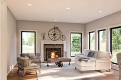 a living room with couches, chairs and a fire place in the fireplace area