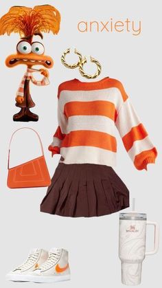 an orange and white striped sweater, brown skirt, handbag, coffee cup, sneakers and purse