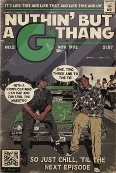 a magazine cover with two men sitting on the hood of a green car and another man talking to each other