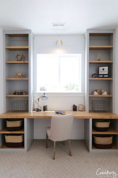 a desk and shelves in a room