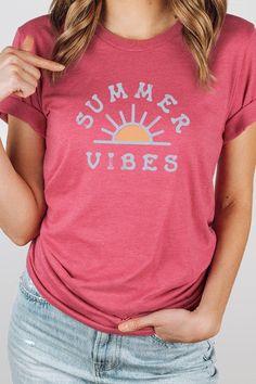 Bring on the summer vibes with our Sunset Fun Vacation Graphic Tee! Most t shirt colors are 52/48 cotton/poly blend. White and Cream tees are 100% cotton. Perfect for any beach vacation or casual outing, this t shirt is a great way to add some color and personality to your wardrobe. Whether you're lounging by the pool or exploring a new city, this tshirt is sure to keep you feeling comfortable and fashionable. Order yours now and get ready for a summer of fun! By Kissed Apparel.Made In: USAFabri T Shirt Colors, Vacation Graphic, Summer Of Fun, Funny Bags, Wedding Gift Registry, Sports Mom, Graphic Tops, Curvy Dress, New City