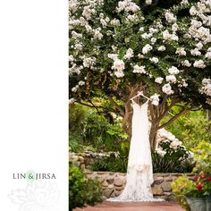 a bride's wedding dress hanging in front of a blooming tree at lin & jirsaa