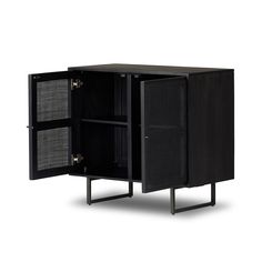 a black cabinet with two doors and one door open