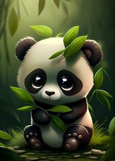 a panda bear sitting on top of a lush green forest