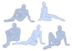 the silhouettes of people sitting and standing in different positions, all with their legs spread out