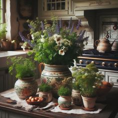 several pots with plants in them on a kitchen counter