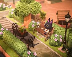 an animated cat sitting on a bench in a park next to flowers and benches with plants