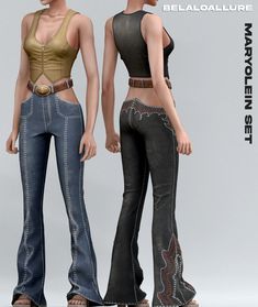 two women in jeans and tank tops standing next to each other with their hands on their hips