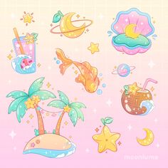 an image of various items that are on a pink background with stars and moon in the sky