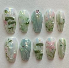 super pretty glam spring green and pink lotus flower lake river mythology mystical fairy crystal gel translucent nail inspiration inspo ins trendy instagram worthy xhs douyin coquette bow garden floral Green Whimsical Nails, Fine China Nails, Monet Nails, Whimsical Nail Art, Whimsical Nails, Fairy Nail Art, Garden Nails, China Nails, Racun Shopee