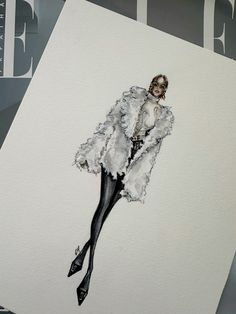 a drawing of a woman in white fur coat and heels on top of a piece of paper