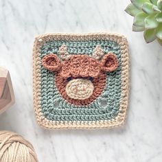 a crocheted square with a teddy bear on it next to yarn and a plant