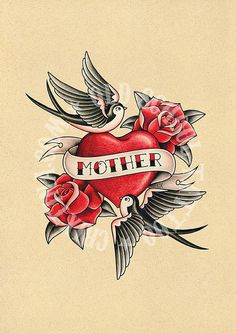 an old school tattoo design with roses and two birds on the back of a heart