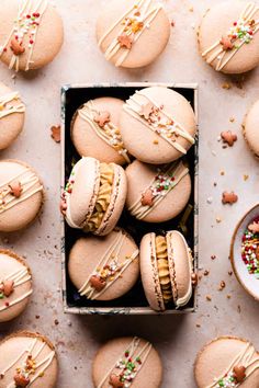 Enjoy the warm flavours of the season with these delightful gingerbread macarons! These sweet treats are a perfect blend of spiced gingerbread and delicate macaron shells, filled with gingerbread buttercream, topped with white chocolate drizzle and festive sprinkles! White Chocolate Drizzle, Christmas Cookie Recipes, Buttercream Filling, Macaron Recipe, Chocolate Drizzle, Cookies Recipes Christmas, Family Traditions