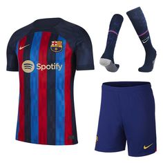 a soccer uniform with socks and socks on the front, blue shorts in the back