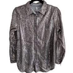 Ny Collection | Pewter & Silver All-Over Sequin Long Sleeve Button-Up Shirt Size: Women's Medium Measurements Provided In Photos! Condition: New With Tags. Reasonable Offers Welcomed! Bundle Discount Available! Happy Shopping! :) Holidays, Christmas, New Year's Eve, Nye, Going Out Top, Special Occasion, Date Night, Concert Metallic Button-up Blouse For Party, Elegant Silver Button-up Tops, Silver Shiny Tops For Fall, Silver Long Sleeve Tops With Sequins, Silver Shiny Long Sleeve Tops, Silver Long Sleeve Sequin Tops, Festive Silver Sequined Tops, Shiny Button-up Party Tops, Silver Sequined Tops For Festive Occasions