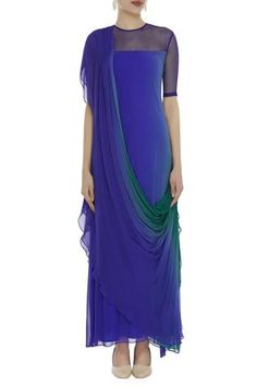 Shop for Ushma Vaidya Blue Draped Sheer Neck Dress for Women Online at Aza Fashions Green Silk Pre-draped Dress, Pre-draped Georgette Evening Dress, Green Draped Silk Dress, Blue Chiffon Maxi Length Gown, Fitted Blue Chiffon Gown, Blue Fitted Chiffon Gown, Blue Maxi Dress With Draped Sleeves For Party, Fitted Blue Georgette Gown, Blue Fitted Georgette Gown