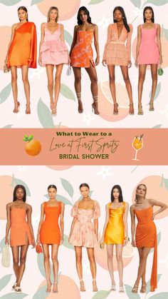 several different types of dresses on display in front of a floral background with the words, what to wear to a love thy party bridal shower