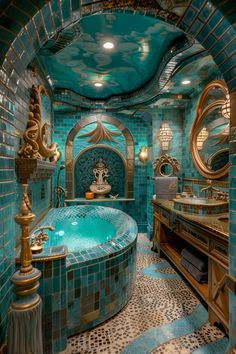 a fancy bathroom with blue tiles and gold fixtures on the walls, along with a large jacuzzi tub