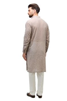 Grey kurta featuring full sleeves, mandarin collar, and intricate thread and sequins embroidery. Paired with ivory cotton silk pants for a coordinated look., Fit: Relaxed Beige Kurta With Chikankari Embroidery For Reception, Beige Chikankari Embroidery Kurta For Reception, Beige Chikankari Kurta For Reception, Designer Beige Kurta With Mirror Work, Grey Kurta, Georgette Kurta, Silk Pant, Men Kurta, Silk Pants