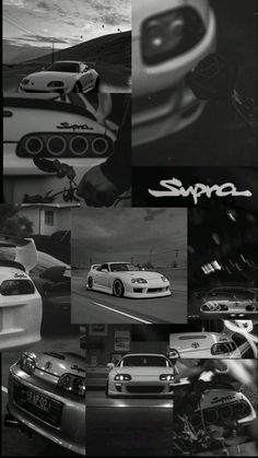 black and white photo collage with cars, motorcycles, and the word supr