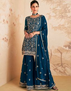 ✨ Dive into fashion perfection with our Blue Whale Palazzo Style Suit! 💃 Let your style soar with the enchanting hues of the Blue Whale Palazzo Style Suit. 💃 🔥 Join the fashion frenzy with these trending hashtags: #ArabicAttire #BlueWhale #PalazzoStyle #FashionForward #SemiStitched #SalwarKameez #ElegancePersonified Blue Pakistani Dress, Blue Sharara, Georgette Sharara, Plazzo Suits, Modest Evening Dress, Georgette Tops, Sharara Suit, Salwar Kamiz, Designer Salwar Suits