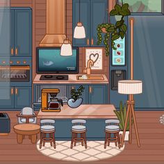 a cartoon kitchen with blue cabinets and wooden floors, an oven, microwave, coffee maker, potted plant, and television in the corner