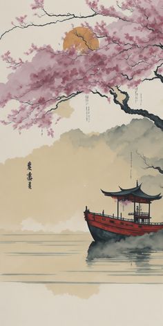 a painting of a boat in the water under a tree with pink flowers on it