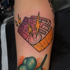 a tattoo on the leg of a person with an electronic device