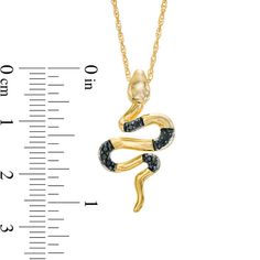 She'll love the slinky look of this striped snake fashion pendant. Crafted in warm 10K gold, this sinewy serpent sparkles with alluring black diamond accents totalling 1/15 cts. Certain to be noticed, this sleek meandering pendant is polished to a bright shine and suspends along an 18.0-inch rope chain that secures with a spring-ring clasp. Fine Jewelry With Diamond Accents In Snake Shape, Fine Jewelry Snake Shape With Diamond Accents, Snake-shaped Diamond Accented Jewelry For Anniversary, Snake Shaped Jewelry With Diamond Accents For Anniversary, Elegant Black Snake-shaped Jewelry, Striped Snake, Snake Fashion, Snake Pendant, Fashion Pendant