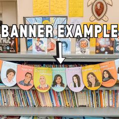 the banner example is displayed in front of bookshelves filled with children's books