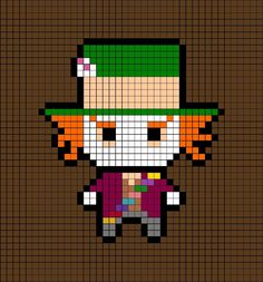 A pixel art template of the Mad Hatter from Disney's Alice in Wonderland. Pixel Art Templates Disney, Mad Hatter Perler Beads, Alice In Wonderland Pixel Art Grid, Alice In Wonderland Hama Beads, Disney Melty Beads, Alice In Wonderland Perler Bead Patterns, Pixel Art Pattern Disney, Alice In Wonderland Pixel Art, Alice In Wonderland Perler Beads