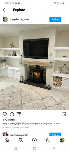 a living room with a fireplace and tv on it's wall, in the middle of an instagram post