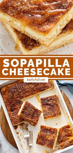 some food is sitting on a plate and has been cut into squares with the words, sopapilla cheesecake