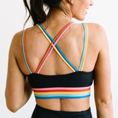 Flow Sports Bra - Rainbow | MT SPORT &vert; Maven Thread 4-way Stretch Sports Bra For Sports, Supportive 4-way Stretch Activewear For Sports, 4-way Stretch Sports Bra For Sportswear, Sports Activewear With Built-in Padding And 4-way Stretch, Activewear With Built-in Padding And 4-way Stretch For Sports, Sporty 4-way Stretch Activewear For Sports, Fitted Nylon Activewear For Sports Events, Sporty Go-dry 4-way Stretch Sports Bra, Technical 4-way Stretch Sports Bra For Workout