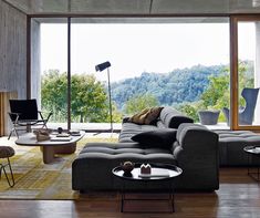 a living room filled with furniture and large windows