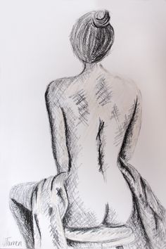 a drawing of a woman's back with her hair in a bun sitting down