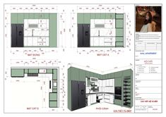 three drawings of kitchen cabinets and appliances in various stages of being built into the wall