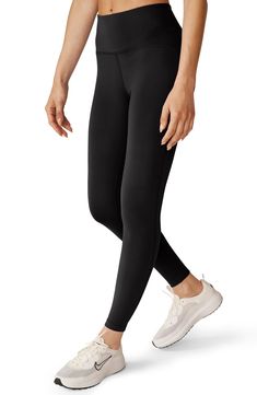 Sleek and stretchy fabric makes these high-waist leggings motion-friendly must-haves for the studio and beyond. 24" inseam; 7 1/2" leg opening; 11 3/4" front rise; 12 1/2" back rise (size Medium) Pull-on style 95% polyester, 5% elastane Machine wash, tumble dry Made in the USA of imported fabric