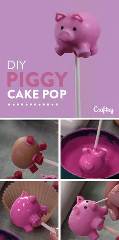 pink piggy cake pop is being dipped with candy