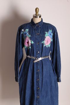 1980's Denim Long Sleeve Button Up Front Painted Flower Bedazzled Western Dress by Snow Blue  This dress features: *Blue color *Denim material *Long sleeved  *Button up front *Painted flower details on upper bodice *Bedazzled  Label: Snow Blue Size: Labeled size Medium Measurements: Bust: 46" Waist: 44" Hip: 48" Length: 44"  Condition: Excellent *Note, belt not included. Available in another listing. If you have any questions, please ask! Find even more Vintage Medium-Large at: https://www.etsy. Western Dress, Painted Flower, Denim Material, Western Dresses, Dress Clothes For Women, Flower Painting, Bodice, Button Up, Shirt Dress