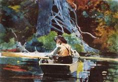 a painting of a man sitting in a boat on the water with trees behind him