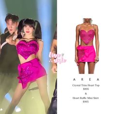 Lisa Heart, Pink Heart Top, Lisa Pink, Lisa Style, Douyin Fashion, Chic Winter Outfits, Fashion Sketches Dresses, Kpop Style, Ruffle Mini Skirt