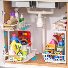 the inside of a kitchen cupboard filled with cleaning supplies