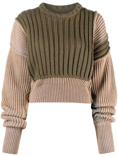 khaki/light brown virgin wool blend layered effect patchwork design chunky ribbed knit crew neck long sleeves straight hem Green Sweaters, Destroyed T Shirt, Spring Knitwear, Patchwork Sweater, Chunky Knit Jumper, Cotton Jersey Dress, Martin Margiela, Sweater Material, Ribbed Knit Sweater