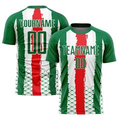 a green and white soccer jersey with the words team name on it, that reads yourname