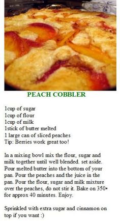 the recipe for peach cobbler is shown here