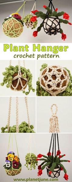 crocheted plant hangers with flowers and plants in them